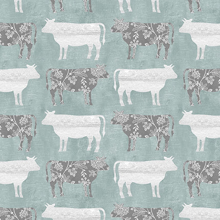 Benartex Chalk Barn Calico Cows Medium Teal  1632083B