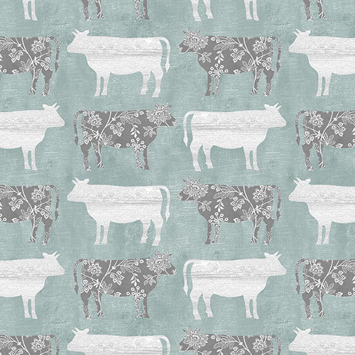 Benartex Chalk Barn Calico Cows Medium Teal  1632083B